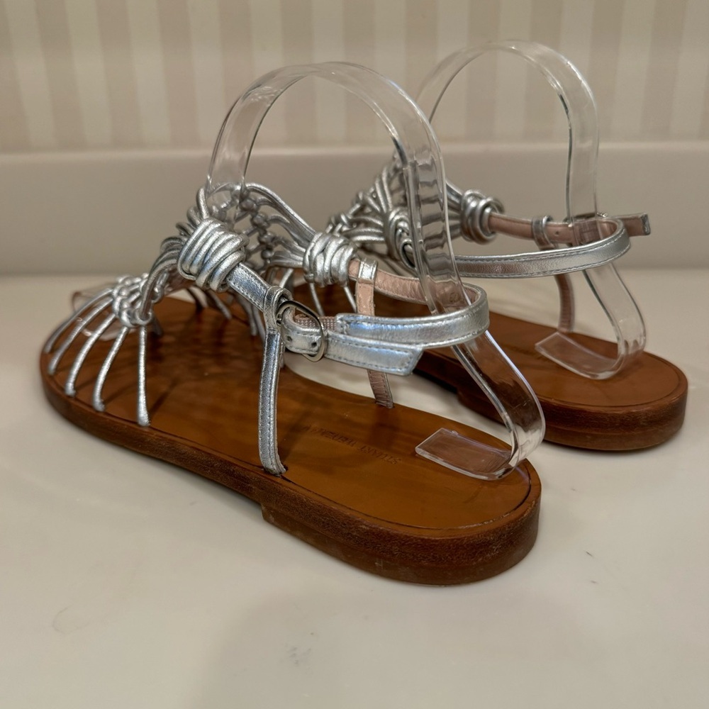 Stuart Weitzman Seaside Silver Metallic Leather Gladiator Sandals Size 8.5 - Picture 6 of 14